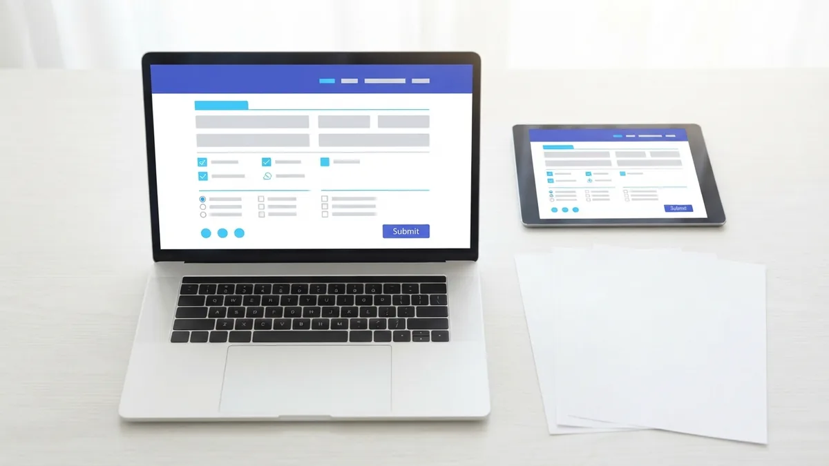 Fillable PDF fields Digital PDF form with blank fillable fields on a laptop and tablet