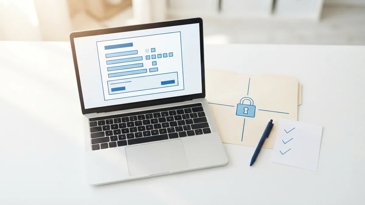 Completed editable form beside a secure folder and document check items