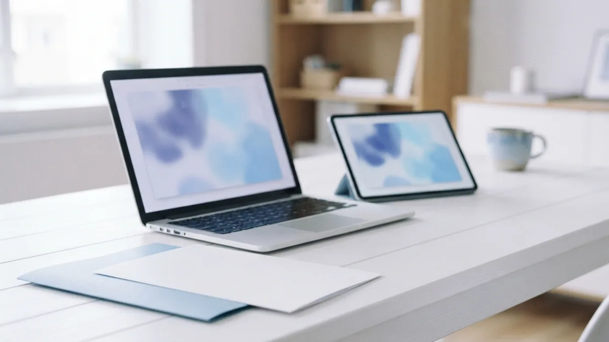 Laptop and tablet with blank page shapes beside a folder for flipbook sharing