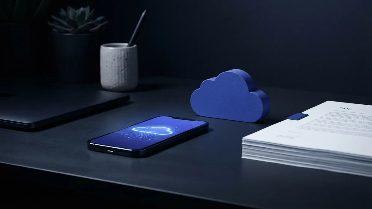 Share a PDF through cloud storage Cloud storage folder and smartphone beside a PDF prepared for online sharing