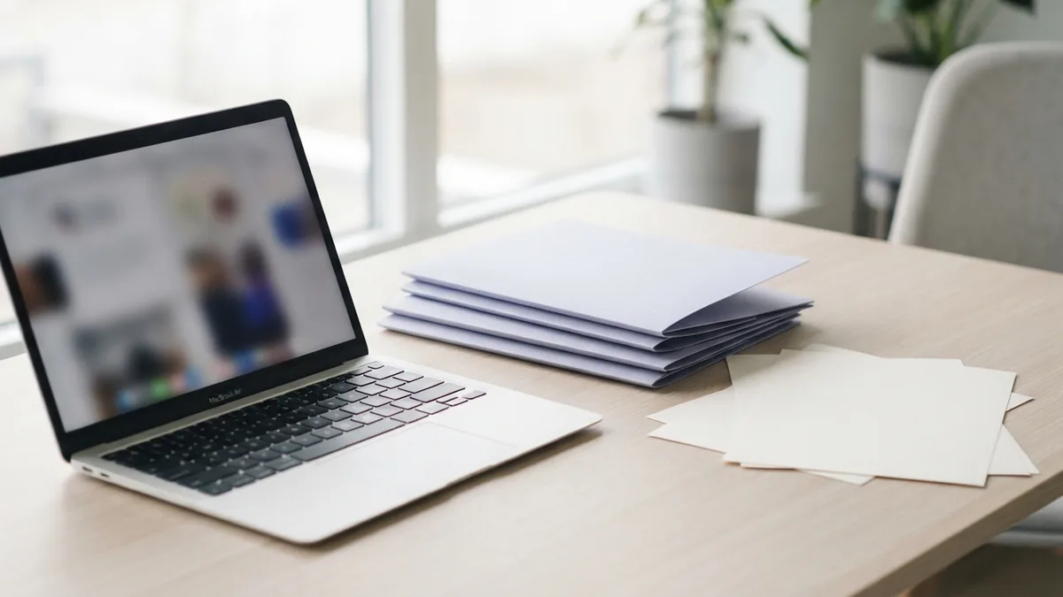 Organized desk for document browsing Laptop and pale folders arranged neatly for faster PDF document browsing