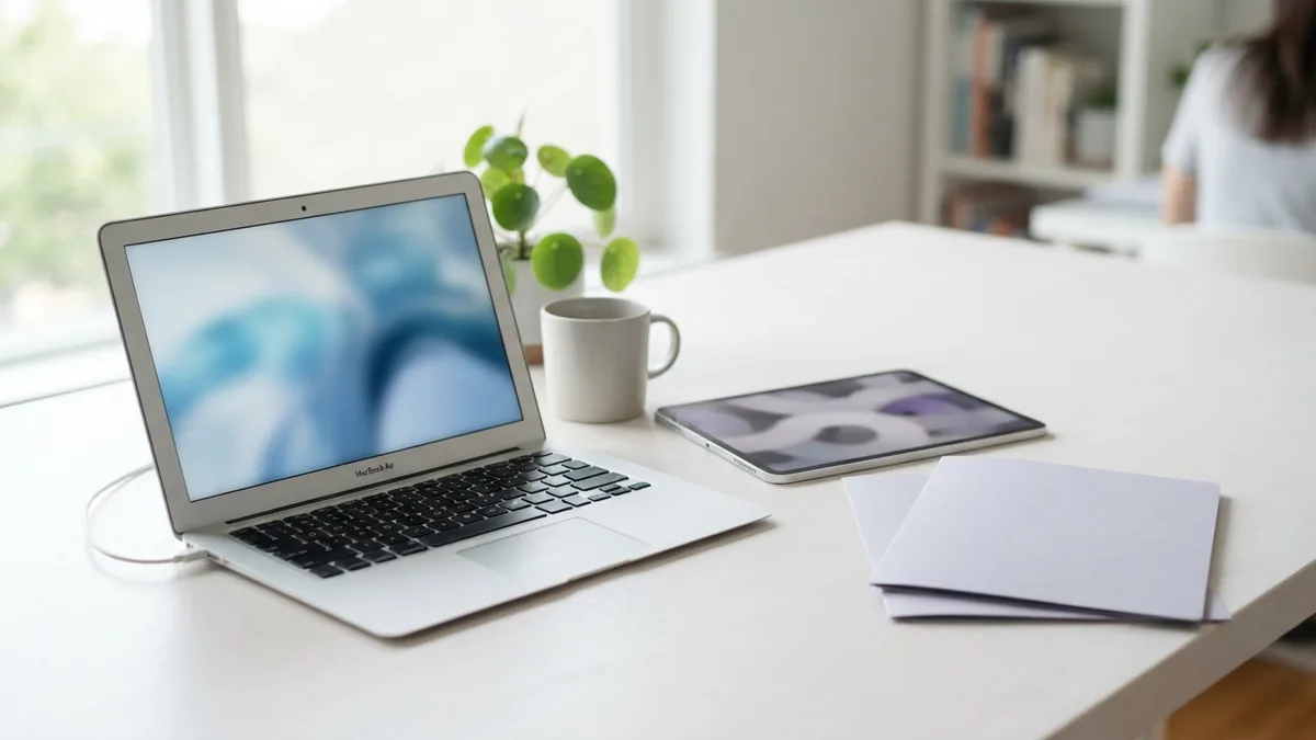 Laptop, tablet, and folders arranged for checking PDF preview settings