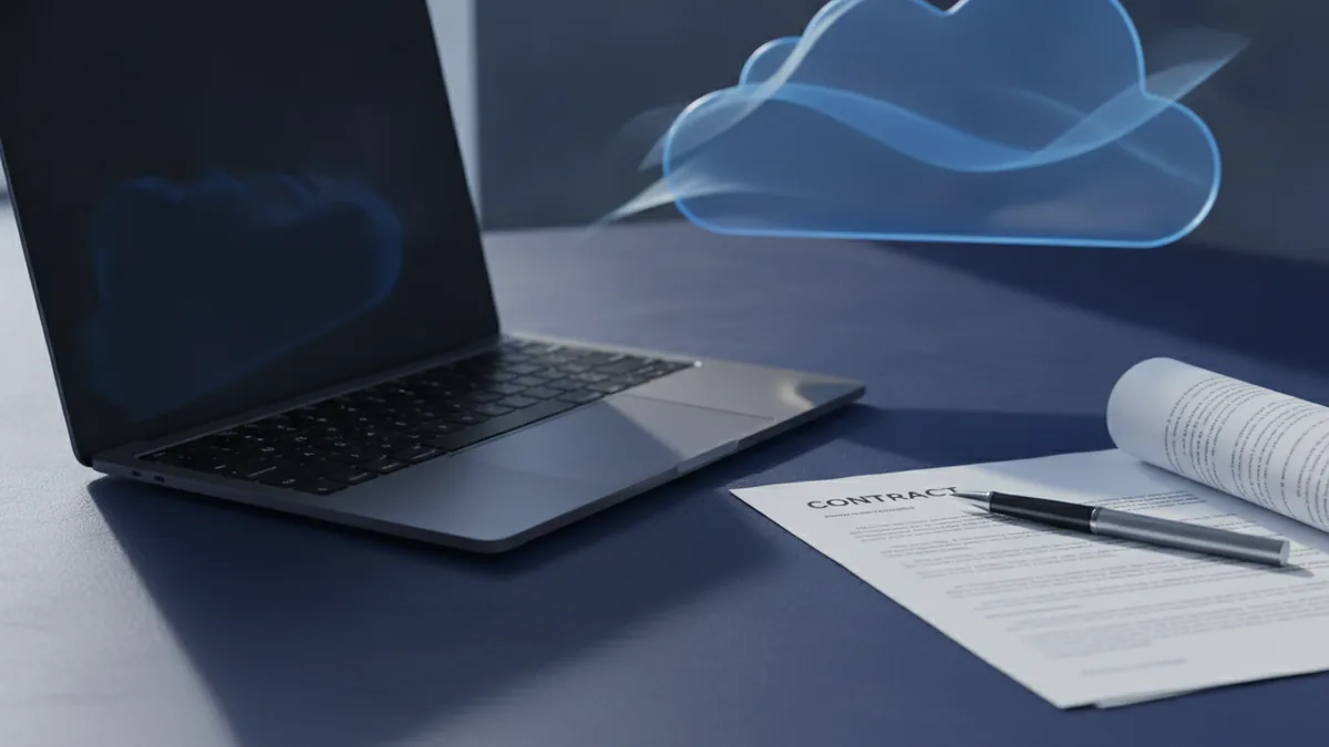 Sign a PDF from Drive Digital PDF signing setup with a contract, pen, and laptop beside cloud files