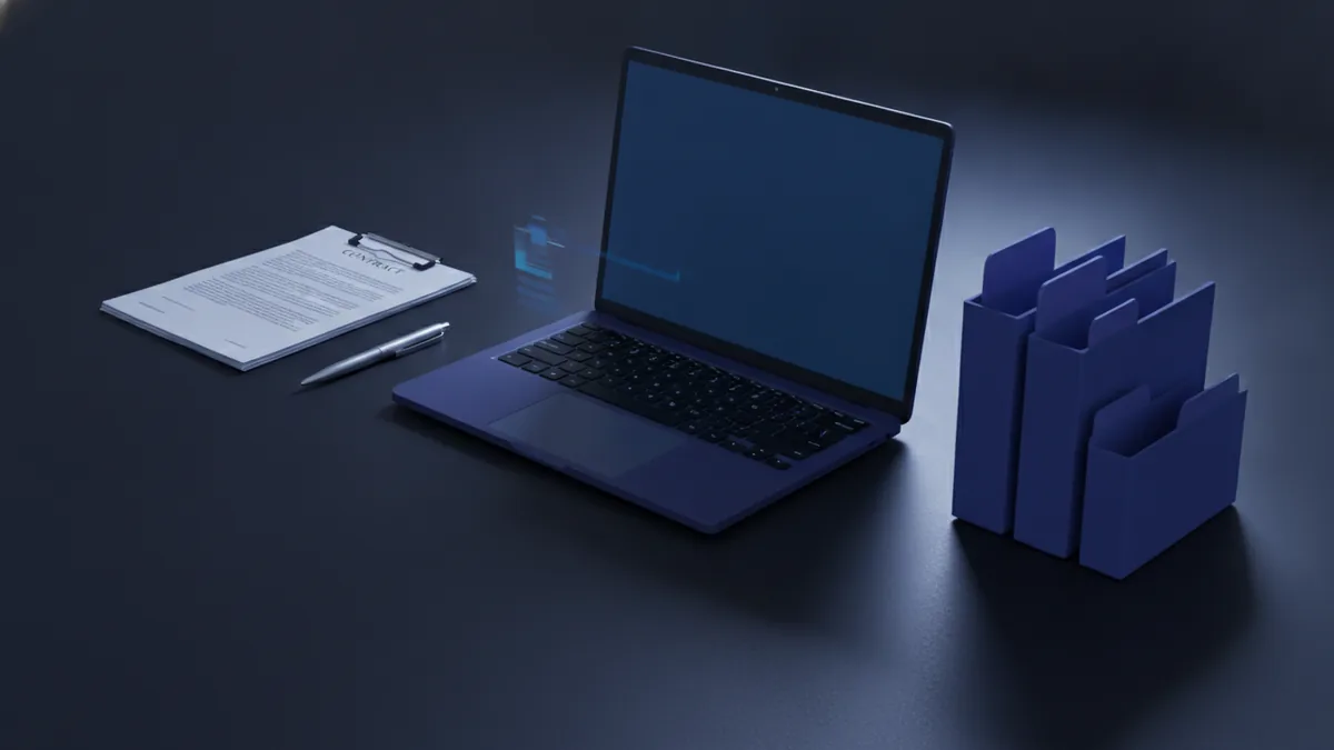 Organized signed contract folder with a laptop, papers, and pen on a desk