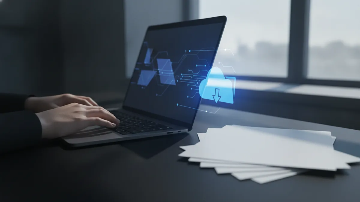Selecting a PDF for online conversion Hands selecting a PDF file for conversion on a laptop workspace