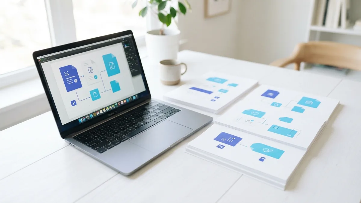 Laptop and printed pages arranged during a DOCX to PDF export process