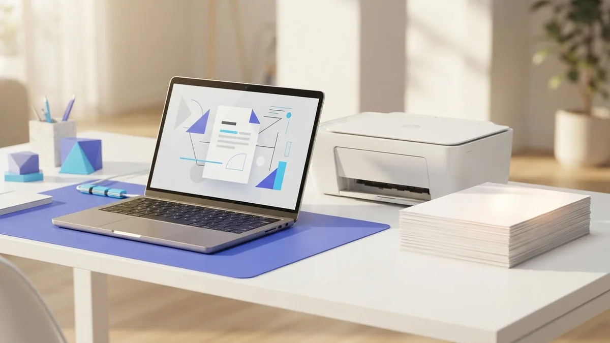 Laptop beside a finished document and printer for PDF export review