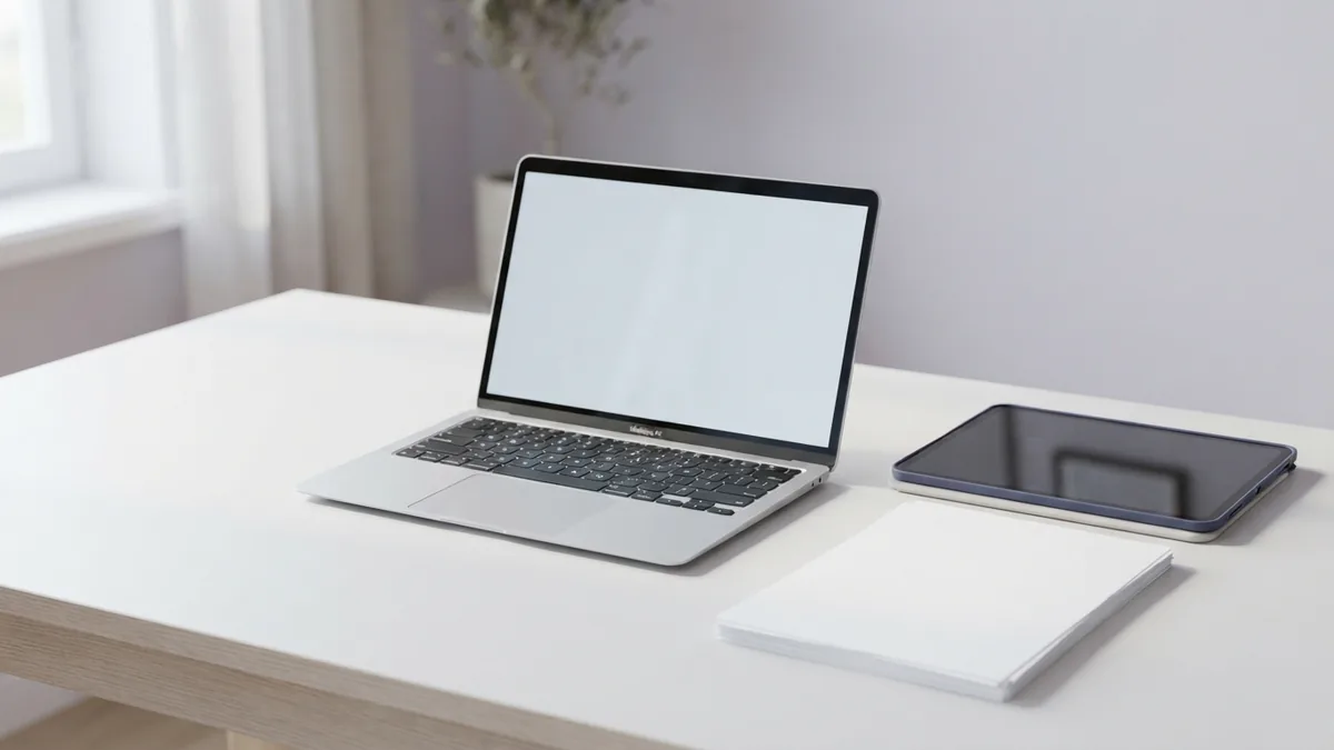 Online PDF conversion setup Laptop and tablet beside blank sheets for online PDF conversion