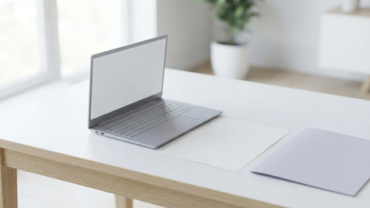 Laptop, blank document, and folder arranged for Mac PDF conversion