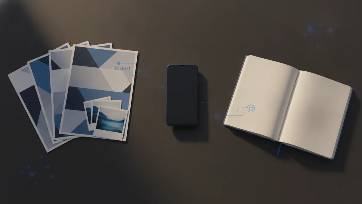 Photos and a document notebook on a desk, showing PDF-ready organization.