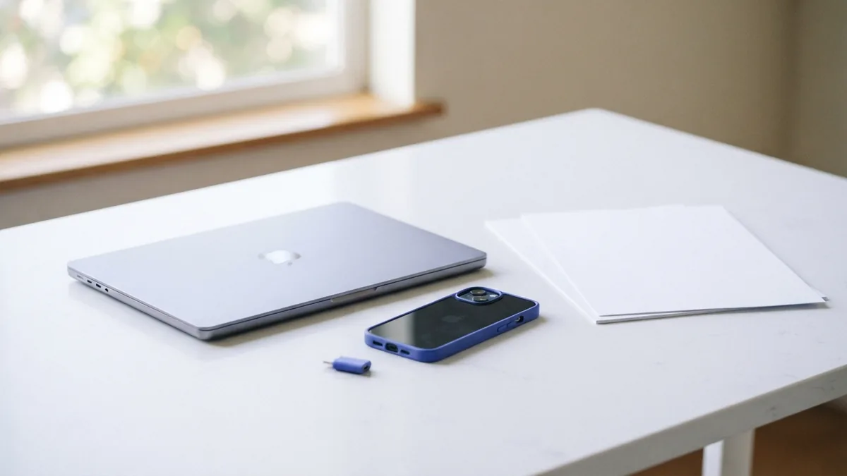 Laptop and smartphone beside documents for online photo to PDF conversion