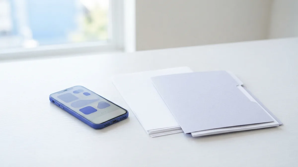Smartphone beside papers for creating a PDF from an iPhone photo