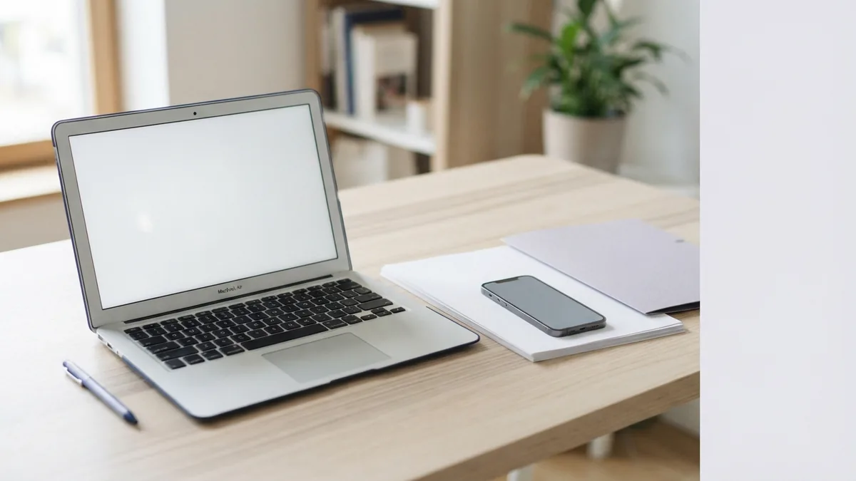 Laptop, phone, and papers arranged for fixing photo PDF file problems