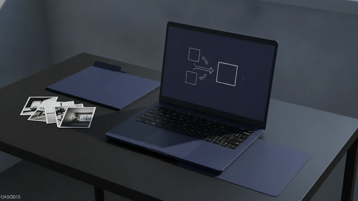 Laptop showing image files arranged for a clean desktop PDF workflow
