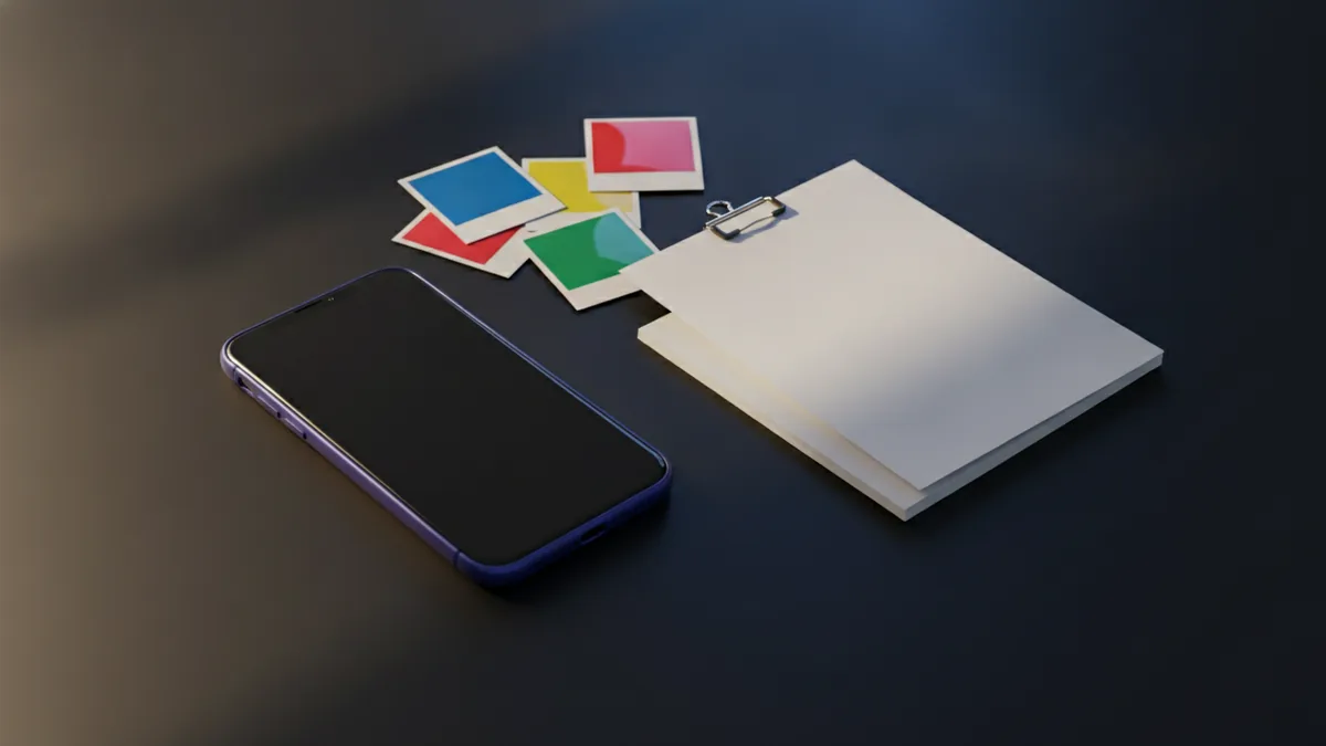 Mobile photo conversion setup Phone beside printed photographs and a neatly arranged PDF document