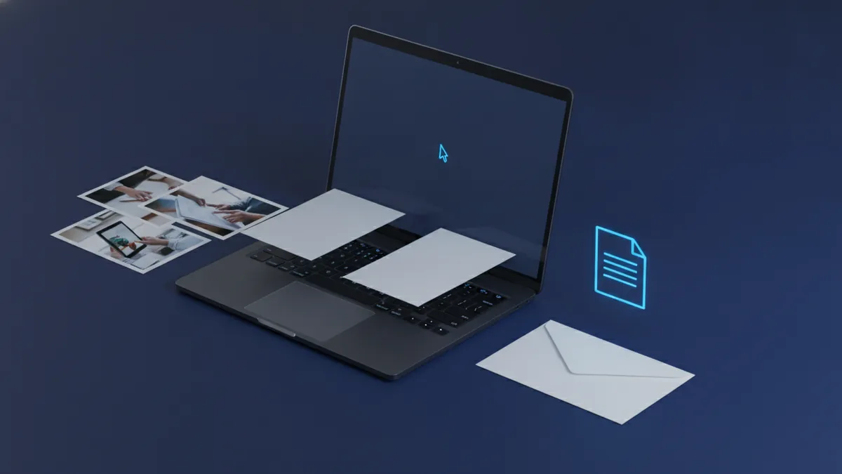 Online conversion setup with photographs, laptop, and finished PDF pages