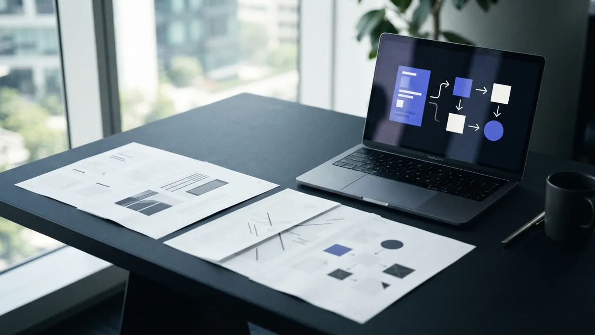 Scanned pages arranged beside a laptop during an OCR document conversion workflow