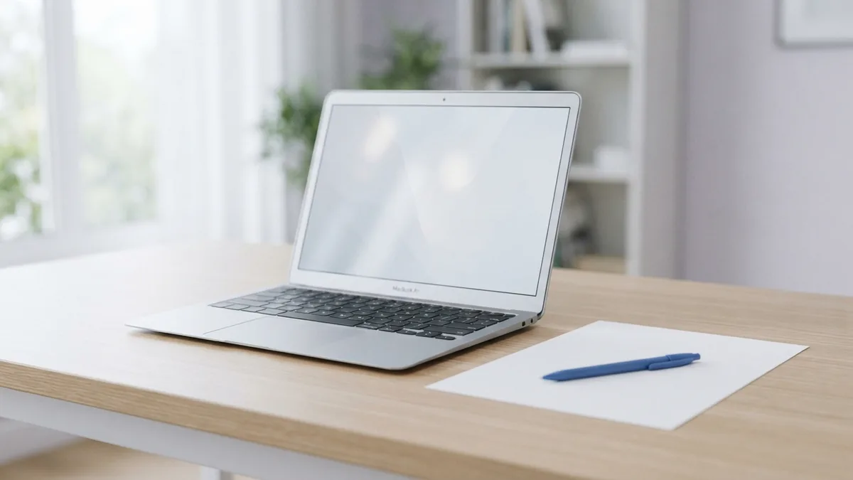 Laptop and blank document on a bright desk during a PDF editing task