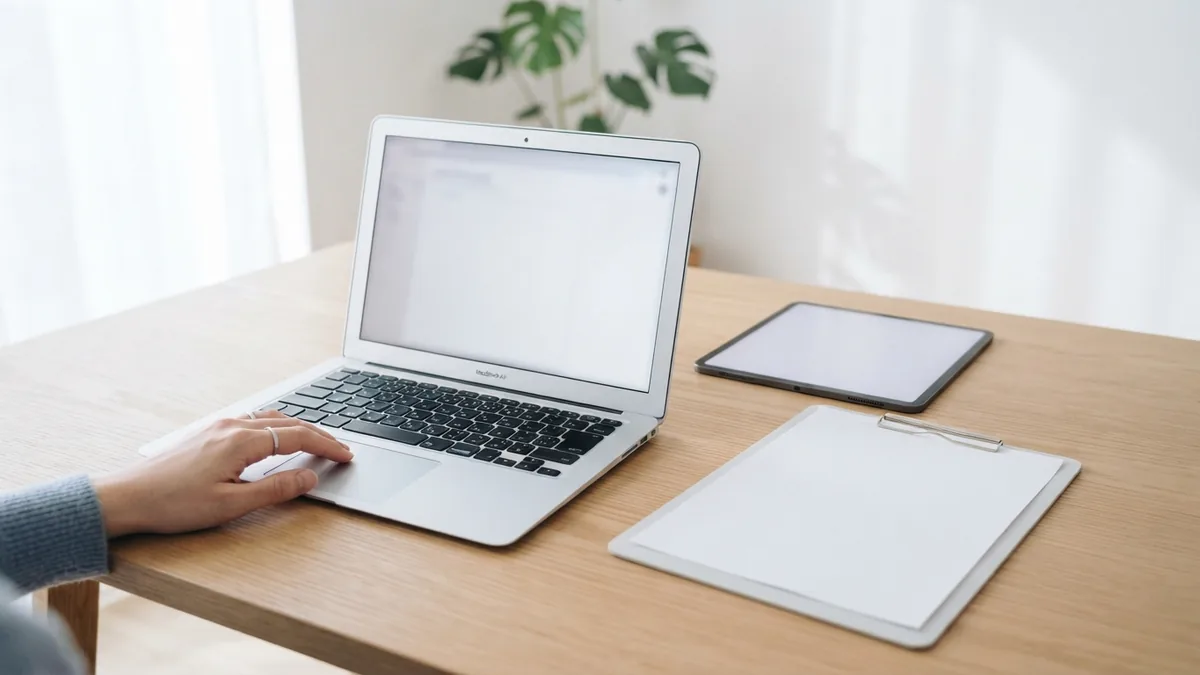 Laptop, tablet, and blank document arranged for PDF work on a bright desk