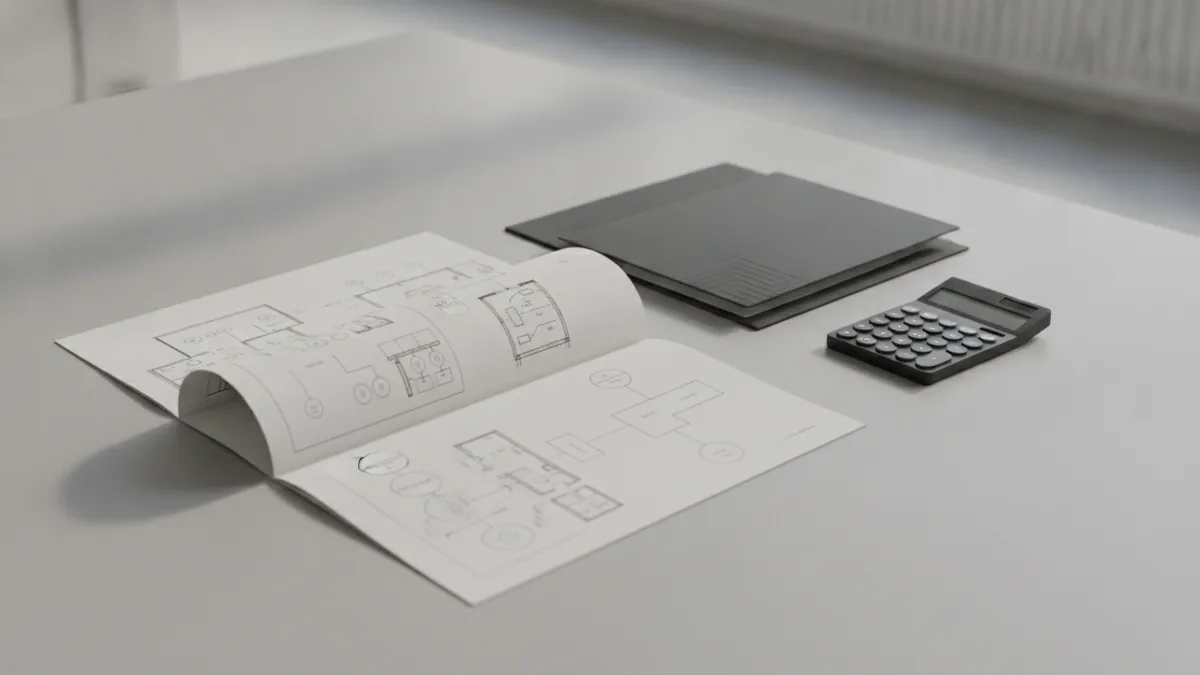 Reviewing a business proposal document with related materials on a table