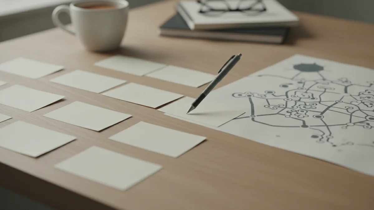 Index cards and pen laid out on a desk for planning specific story settings