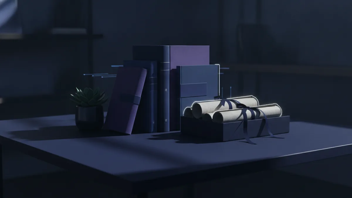 Book editions showing an enduring legacy Stacked book editions beside archival materials in a quiet library setting