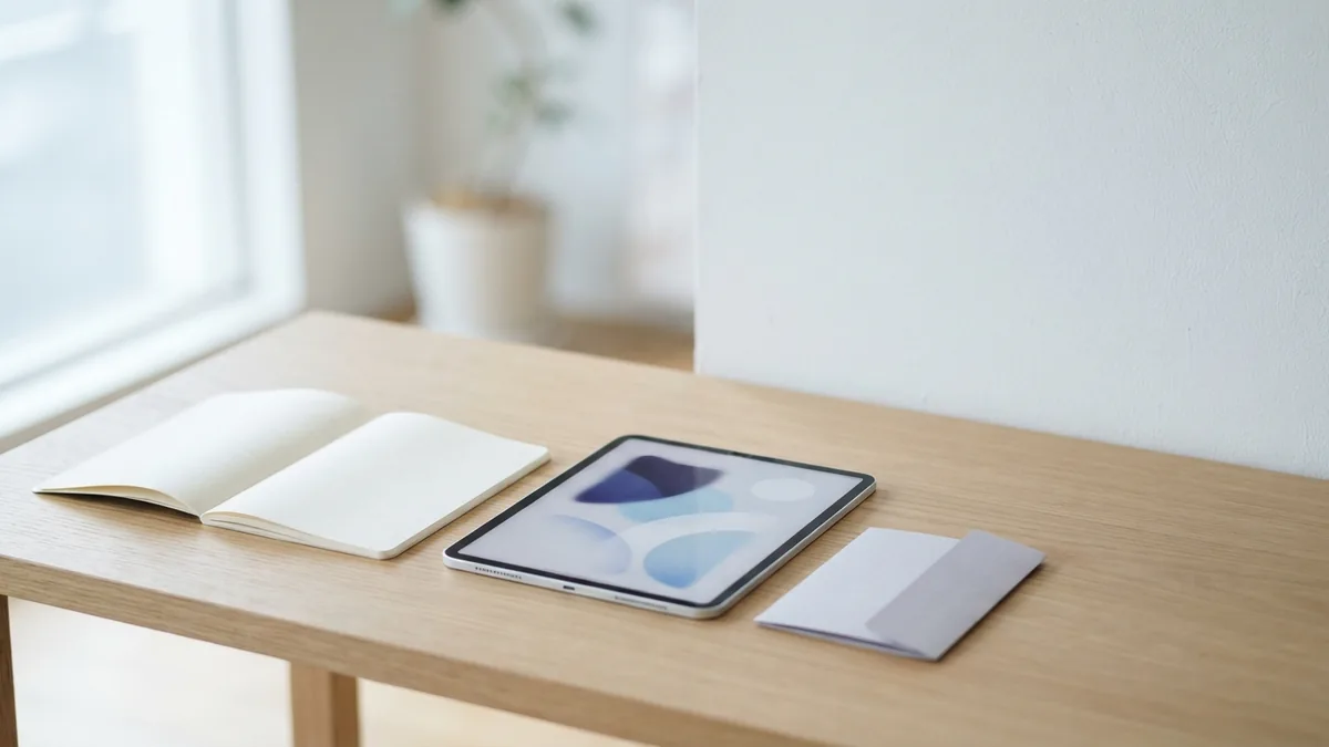 Open blank notebook and tablet on a calm minimalist study desk