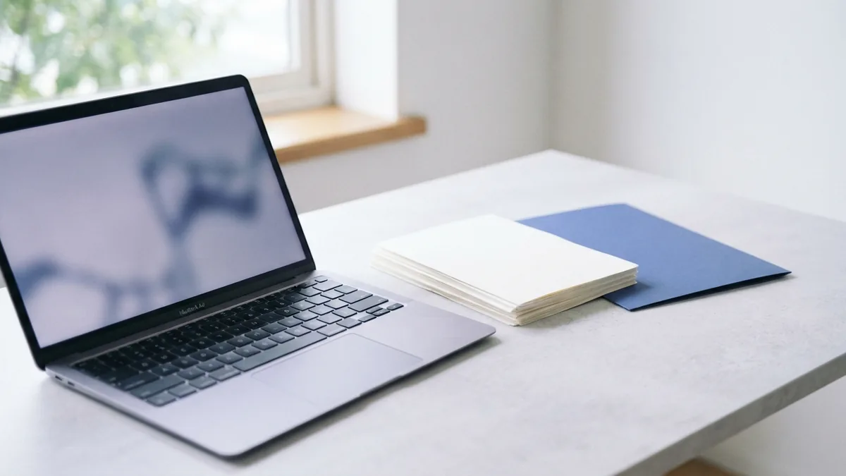 Laptop and blank documents arranged for importing PDF tables into Excel