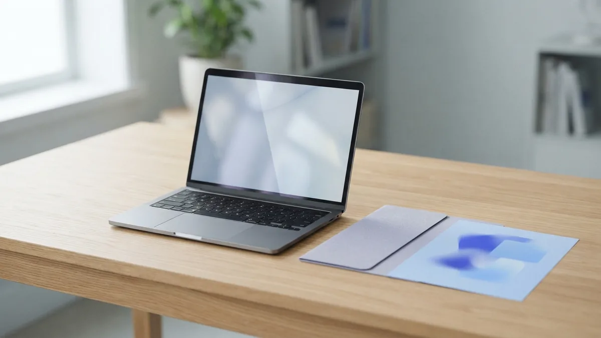 Laptop and folder on a bright desk for direct PDF data export