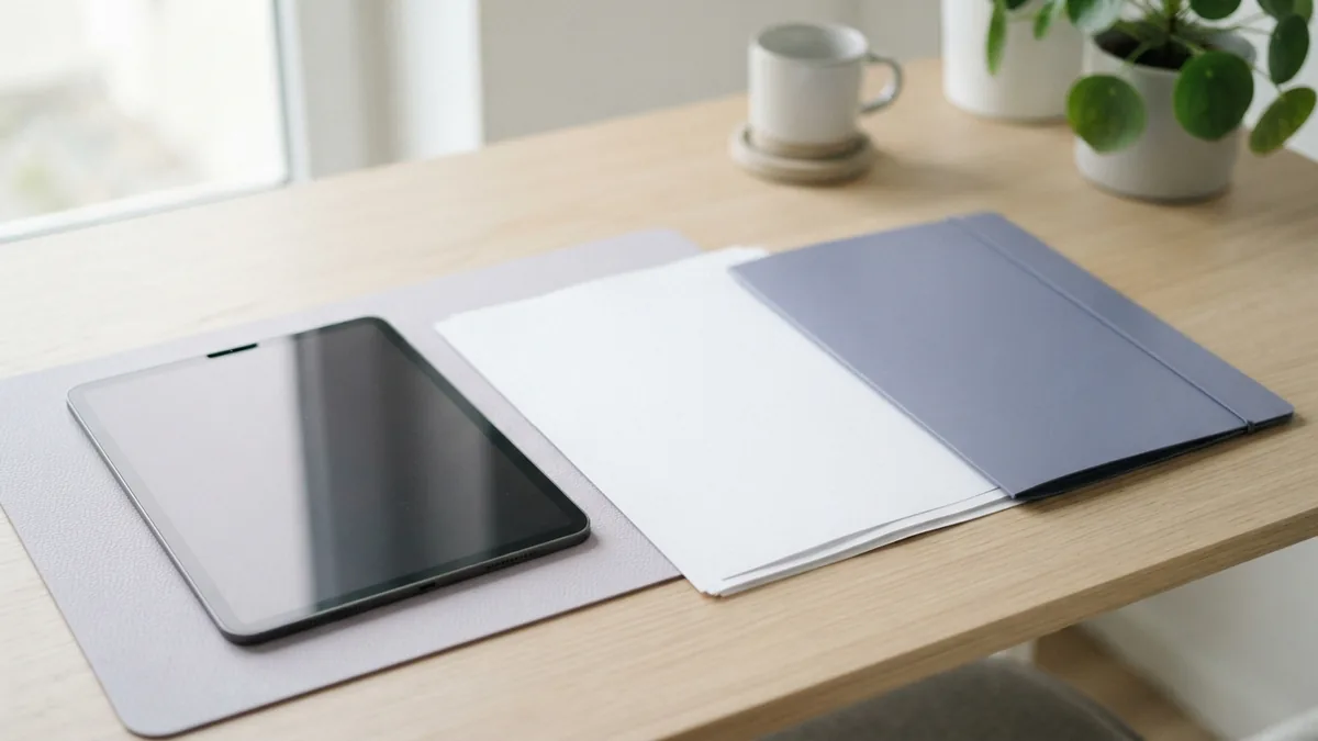Tablet, blank papers, and folder showing a simple PDF table workflow