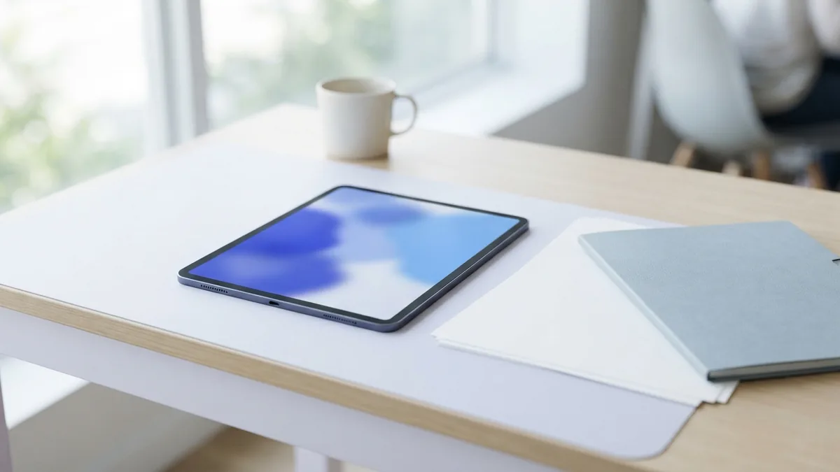 Blank sheets and a tablet arranged to suggest placing PDF pages into a design layout