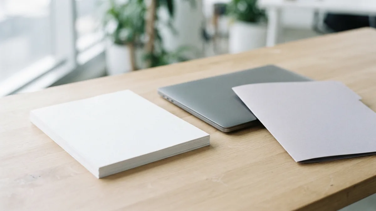 Blank paper stack and folder beside a laptop for checking PDF quality before print