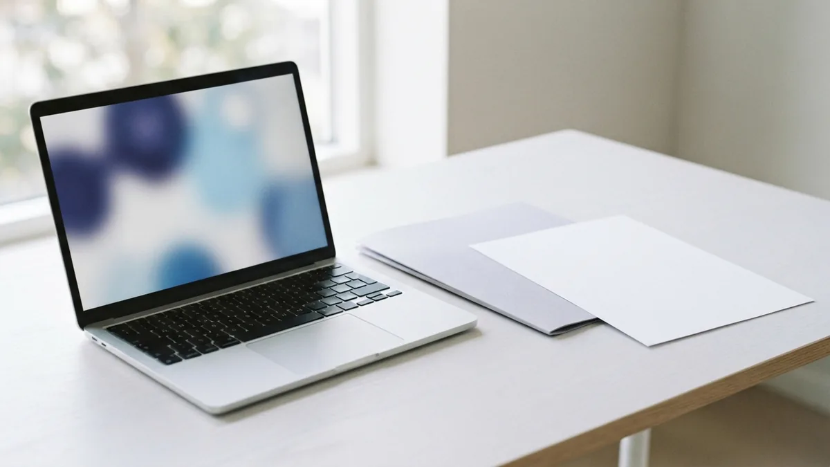 A simple setup for adjusting PDF size Laptop and blank document on a pale desk for PDF file padding