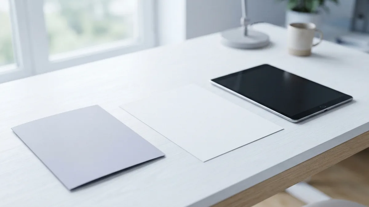 Tablet beside blank paper and a folder in a bright work setting