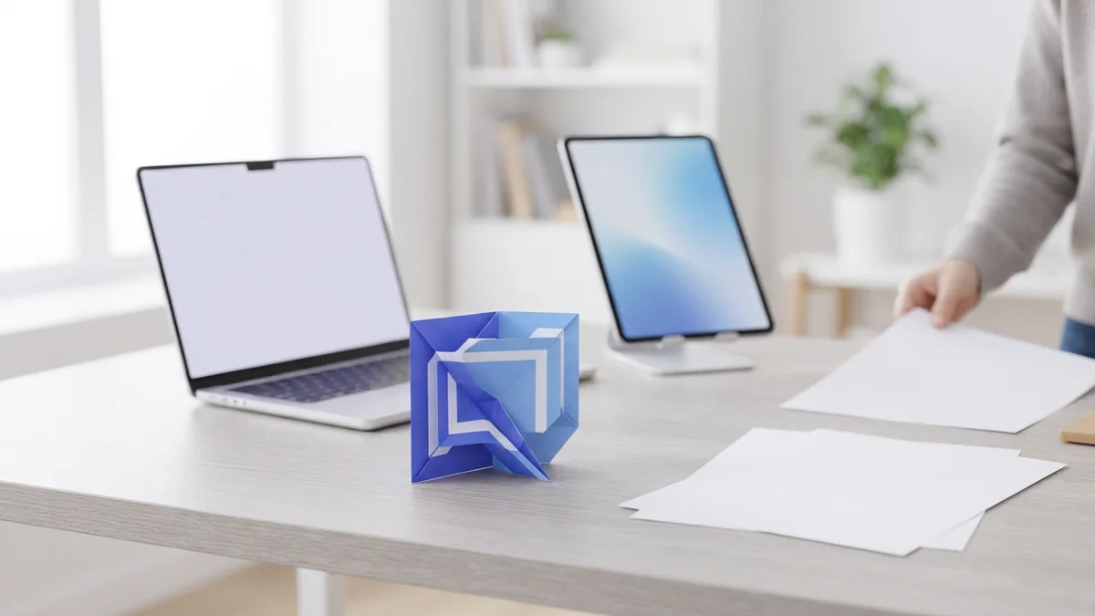 Blank documents beside a laptop and tablet for sharing a finished PDF