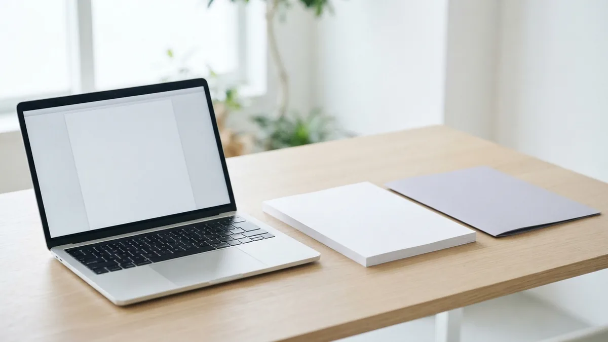Laptop and blank paper stack arranged for a step-by-step PDF export