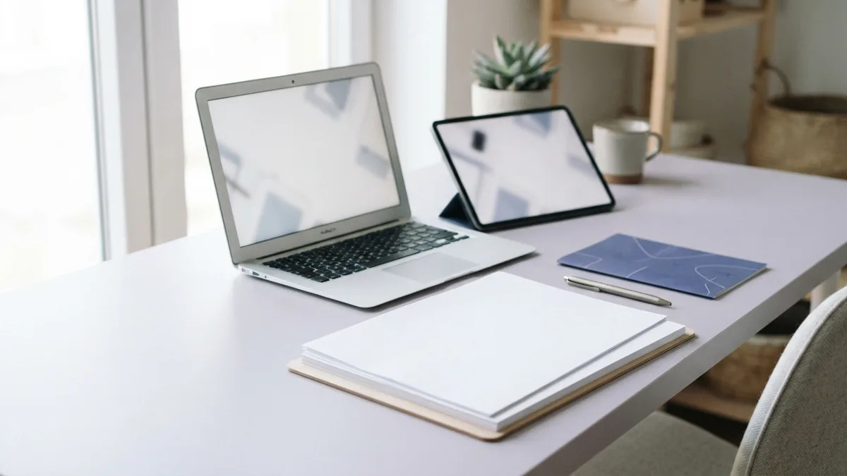 Laptop and blank sheets showing a careful high-quality document setup