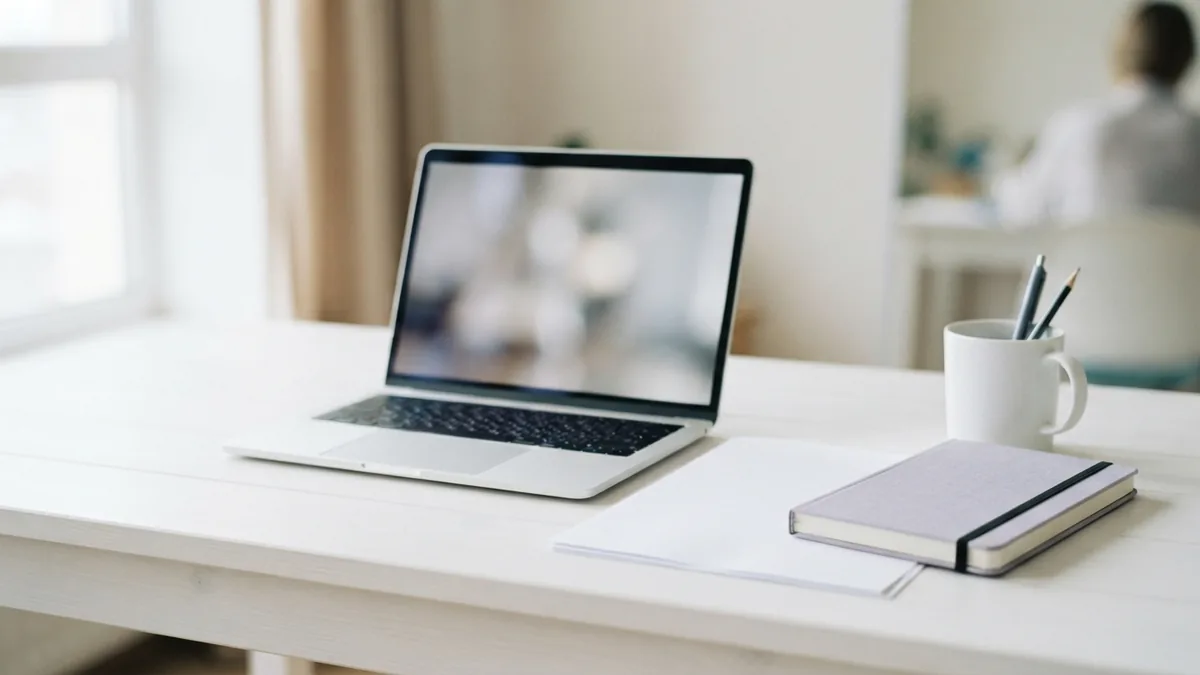 A blank page and closed notebook beside a laptop on a bright study desk
