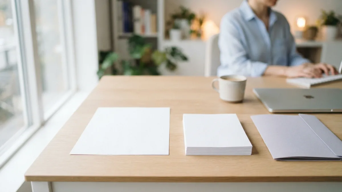 Unmarked papers and a pale folder arranged neatly for close reading