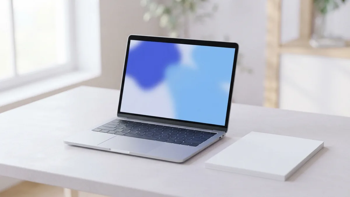 Preparing image files at a laptop Laptop and blank paper on a pale desk, representing an online JPG to PDF workflow