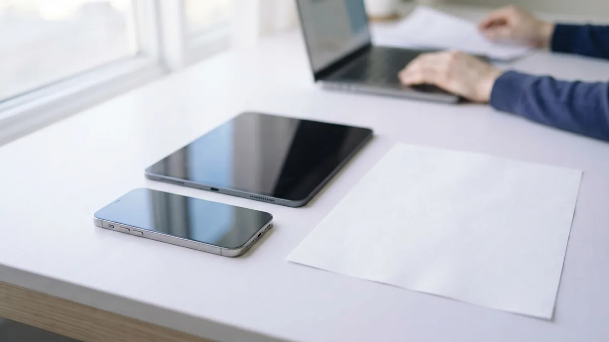 Mobile devices beside blank paper Phone, tablet, and blank paper on a bright desk for a mobile PDF task