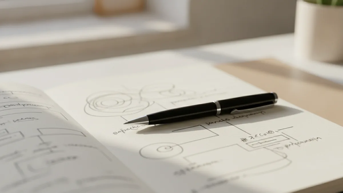 Turning themes into choices Handwritten journal notes with pen in natural daylight
