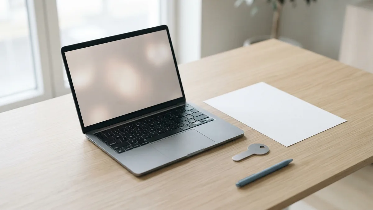 Laptop and blank document beside a simple key for PDF password access