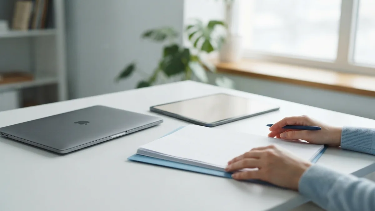Tablet, laptop, and blank folder arranged for online PDF processing