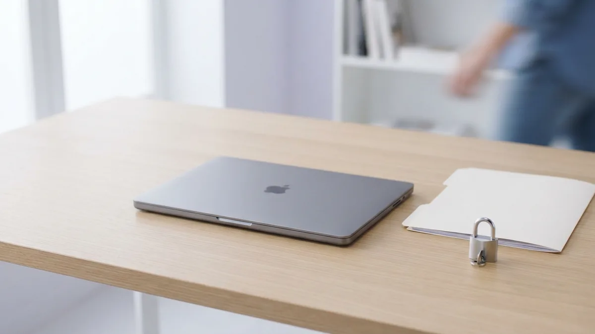 Closed laptop, blank folder, and padlock for private PDF handling