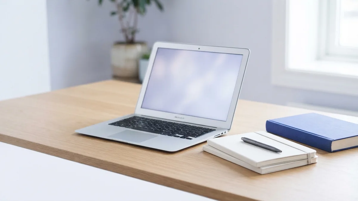 Laptop and blank notes arranged for planning tabletop spell effects