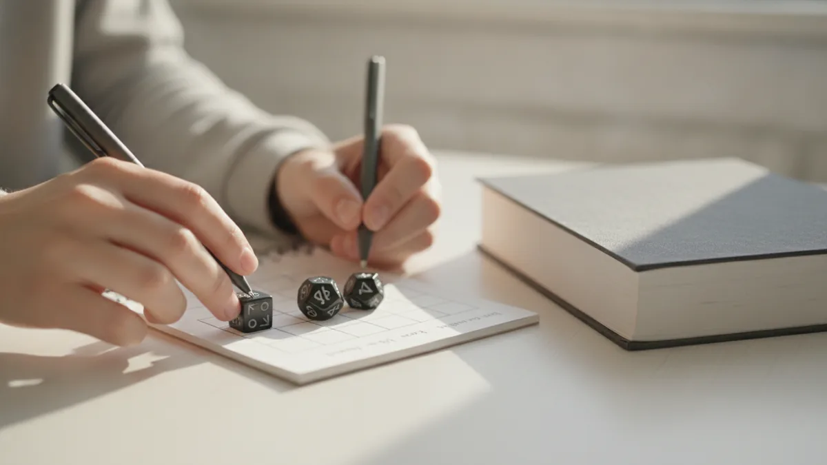 Dice and notes arranged to plan spells and character choices
