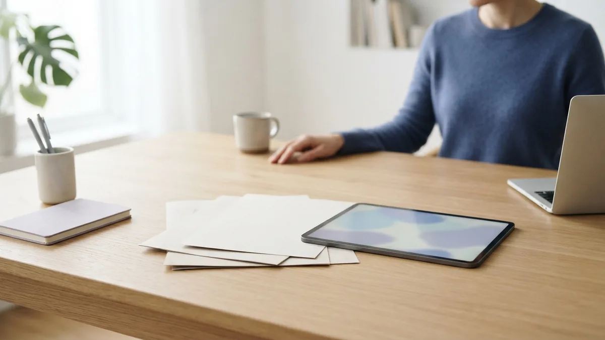 Mixed paper sizes from different sources Mixed-size blank documents beside a tablet on a bright, uncluttered desk