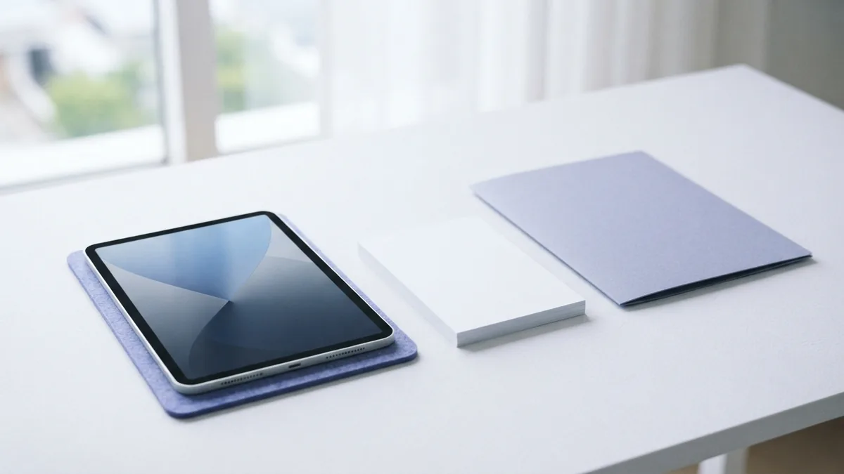 Tablet beside blank paper and a folder in a bright, minimal workspace