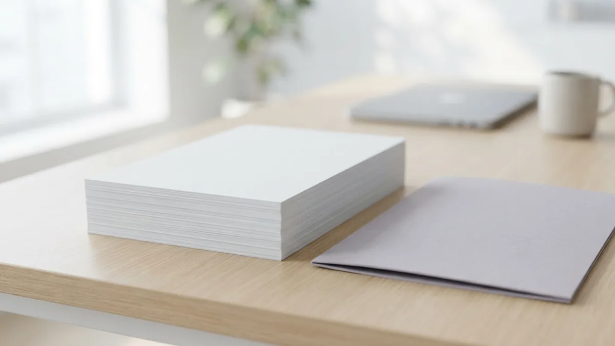 A consistent stack of page sizes Uniform blank sheets stacked neatly beside a pale folder for consistent document pages